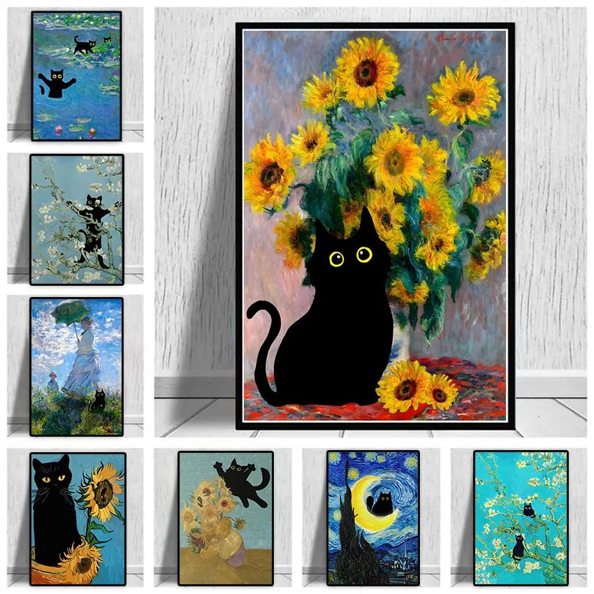 Funny Black Cat Wall Art Van Gogh Starry Night Poster Abstract Famous Reproduction Canvas Painting Aesthetic Room Home Decor Funny Black Cat Wall Art Van Gogh Starry Night Poster Abstract Famous Reproduction Canvas Painting Aesthetic Room Home Decor